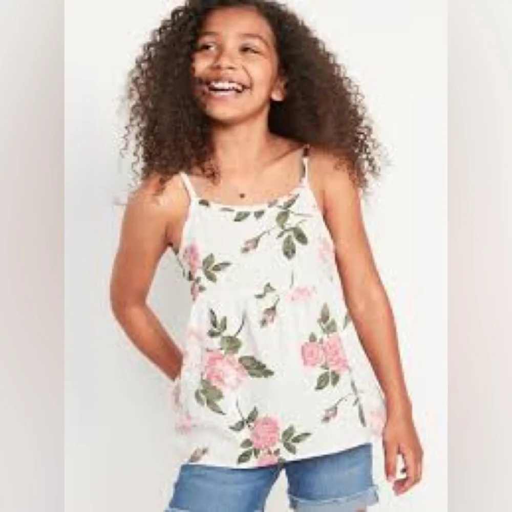 Old Navy Girls Adjustable Tie Back Cami White and Pink Rose Floral‎ Print